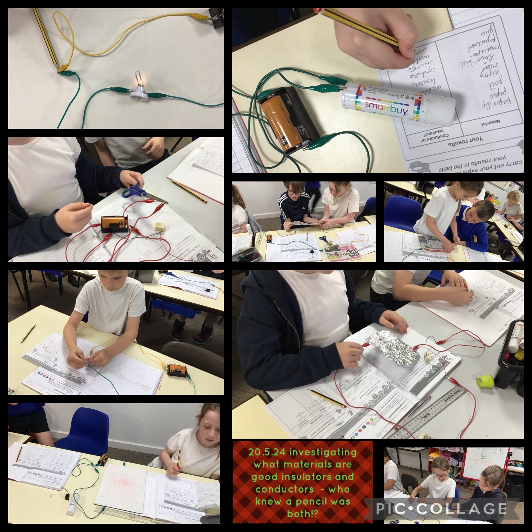 Investigating which materials are conductors and which are insulators using a closed circuit to test.